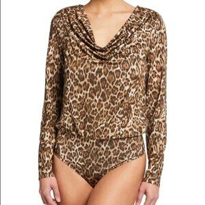 NWT Wayf Solano Ruched Drape Neck Leopard Print Long Sleeve Bodysuit Brown M